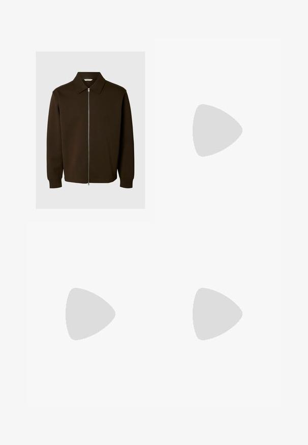 Chaqueta marrón oscuro de manga larga con cuello y cremallera plateada frontal, mostrada sobre un fondo claro y sencillo.; Camiseta de algodón blanca de manga corta, con escote redondo y dobladillo recto. Textura suave, sin patrones ni gráficos, etiquetada como 'Urban Classic.'; Pantalones verde oliva con cintura de cordón, diseño de pierna recta, textura de tela suave y una etiqueta de logo sutil en el frente.; Zapato náutico de cuero marrón con costuras blancas, detalles de cordones y suela de goma color coñac, mostrado de lado sobre un fondo blanco.