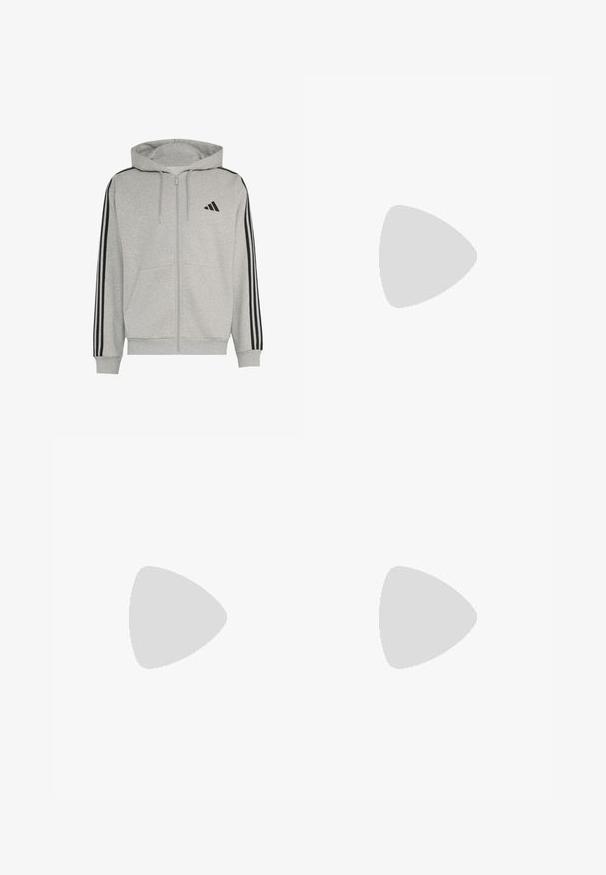 Lichtgrijze hoodie met rits, zwarte strepen op de mouwen, voorzakken, trekkoordkap en klein zwart logo op de linkerborst.; Witte katoenen T-shirt met een klein zwart driehoekig logo op de borst, korte mouwen en een ronde halslijn. Eenvoudig en klassiek ontwerp.; Zwarte sportbroeken van zachte stof, met een tailleband met trekkoord en witte zijkanten. Elastische boorden bij de enkels.; Zwarte hardloopschoen met dikke zool en drie witte diagonale strepen aan de zijkant, gezien vanaf de buitenkant.
