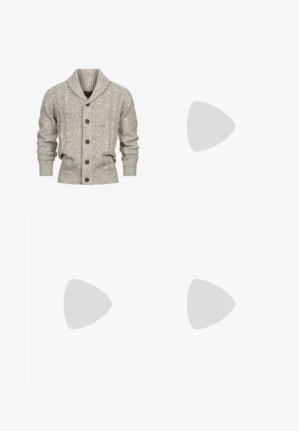 Cardigan gris avec un col châle, motif en tricot torsadé, cinq boutons marron, bords côtelés aux poignets et à l'ourlet, fabriqué à partir d'un matériau en tricot doux.; Chemise blanche à manches longues en coton. Elle présente un col boutonné, une poche avant et une texture subtile. Ourlet droit avec fermetures à boutons.; Tissu en velours côtelé marron présentant des côtes verticales, une texture douce et une couleur profonde et riche, adapté pour le rembourrage ou les vêtements.; Mocassins en cuir marron avec un bout arrondi, un gland décoratif, des coutures raffinées et un petit talon en caoutchouc pour un confort supplémentaire.