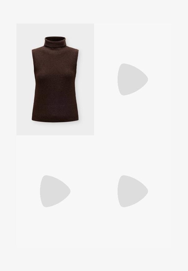 Pull sans manches col roulé marron foncé avec col, emmanchures et ourlet côtelés, présenté sur un fond uni gris clair.; Robe midi en maille marron foncé à manches courtes et col roulé haut, présentée sur un fond clair uni.; Femme portant une jupe midi en sequins bruns et des escarpins Mary Jane en crocodile texturé marron foncé, se tenant sur des escaliers en marbre.; Sac à main en cuir verni marron de forme rectangulaire, avec deux longues poignées et des accents courbés subtils à l'avant.