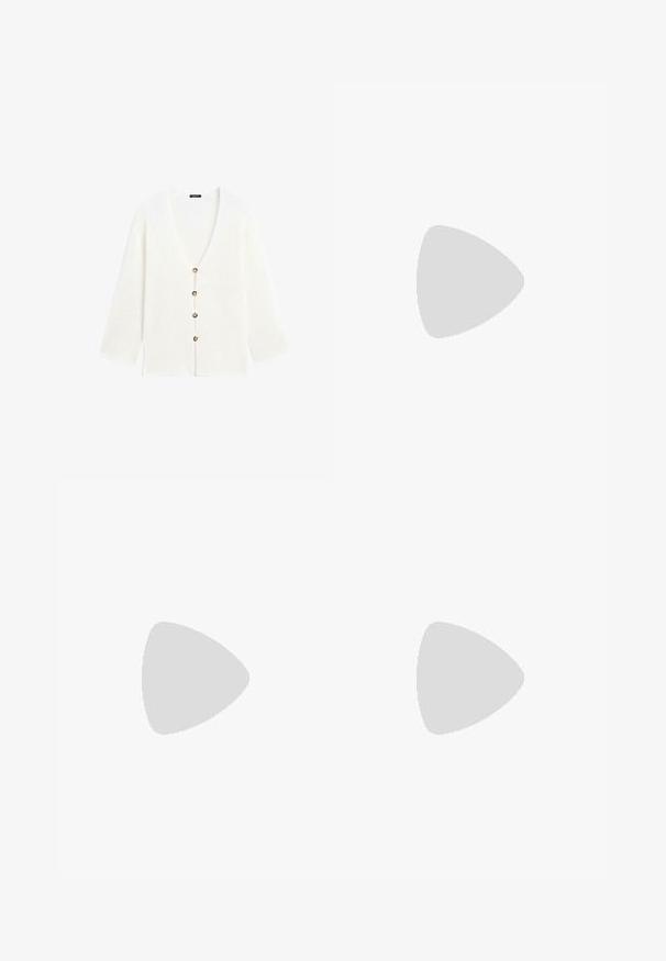 Hvid strikket cardigan med lange ærmer og fire brune knapper foran, der har en dyb V-hals og sideslidser.; Hvid ærmeløs ribbet tanktop med høj halsudskæring og tætsiddende silhuet, lagt fladt på en hvid baggrund.; Hvide bukser med lige ben, et rent frontdesign uden synlige lommer eller knapper, lagt fladt på en hvid baggrund.; Sorte ruskind ballet flats med rund tå, prydet med en dekorativ sløjfe på forsiden og flad sål. Glat tekstur og klassisk form.