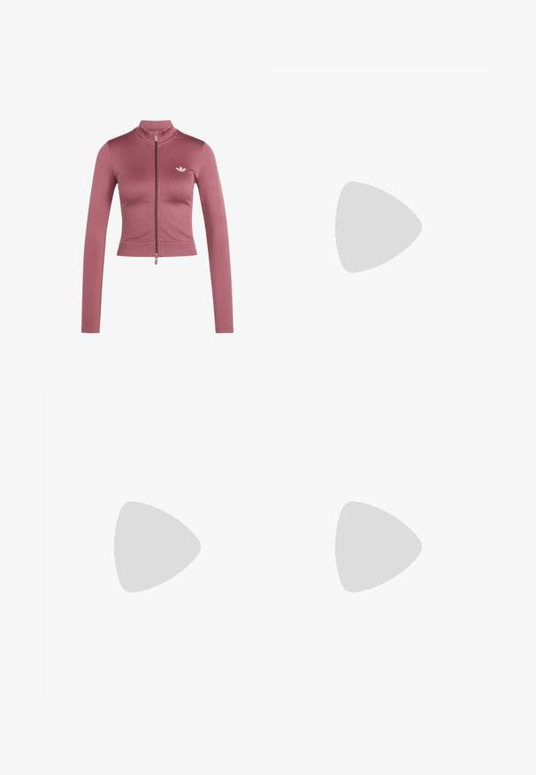 Veste courte mauve avec fermeture éclair complète à l’avant, poignets côtelés, col montant et logo blanc Adidas Trefoil sur la poitrine.; T-shirt gris clair à manches courtes avec un col rond, "ADIDAS RUNNING" imprimé en rose, avec le logo Adidas rose sur la poitrine. Texture de tissu doux.; Shorts de sport noirs en tissu extensible, dotés d'une taille haute, d'une texture lisse et d'un logo à trois bandes blanches sur le côté.; Chaussure de course violet clair avec des rayures et des accents roses, dotée d'un design élégant, d'une tige texturée et d'un col rembourré. Flottant au-dessus d'une surface.