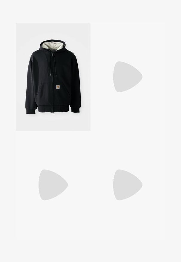 Čierna mikina na zips s bielou vnútornou podšívkou, prednými vreckami, kapucňou so sťahovacou šnúrkou a malou logovou nášivkou na ľavom vrecku. Hladká textúra látky.; Čierne tričko s dlhým rukávom vyrobené z bavlny, s okrúhlym výstrihom a rovnými strihom, s malým logom na rukáve.; Čierne úzke nohavice vyrobené z hladkej, ľahkej tkaniny, s predným zipsom a dvoma bočnými vreckami. Oranžový logo detail na pásku.; Čierne a šedé športové topánky s hornou časťou z mikrovlákna a zamatu, s bielou medzipodrážkou, šnúrkami a výrazným logom "N" na boku.