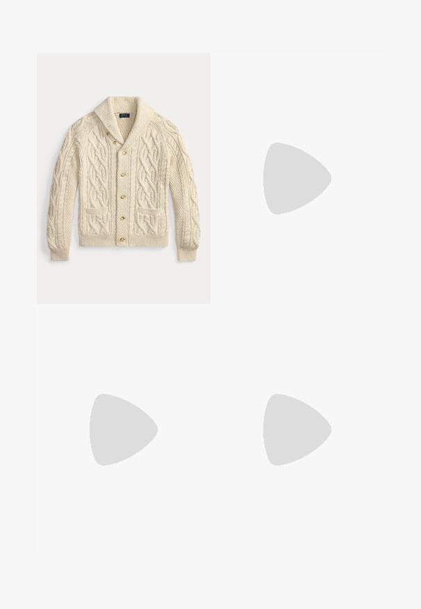 Cardigan couleur crème en maille torsadée avec col châle, boutonnage devant et deux poches avant, posé à plat sur un fond blanc.; Chemise blanche à manches longues en coton. Dotée d'un col pointu, de longues manches et d'un petit logo navy sur la poitrine. Texture lisse.; Pantalon marron à fines rayures, confectionné sur mesure, avec passants de ceinture, poches latérales et fermeture éclaire à l'avant.; Mocassins en cuir marron avec un bout arrondi, un gland décoratif, des coutures raffinées et un petit talon en caoutchouc pour un confort supplémentaire.