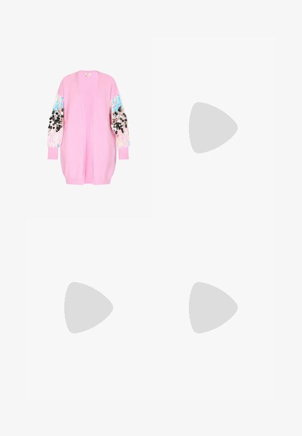Lyserød cardigan med åben front, prydet med perle- og palietbesatte ærmer i blå, sølv og sort. Blød tekstur med ribbede manchetter.; Lyserød bluse med korte, flæseagtige ærmer, V-hals med krave og en løs, afslappet pasform.; Progetto Quid RAIA - A-snit nederdel - abstract light purple; Beige sneakers med tekstureret overflade, pyntet med små hvide perler, flad hvid gummisål og snørebånd design. Enkel, rund form.