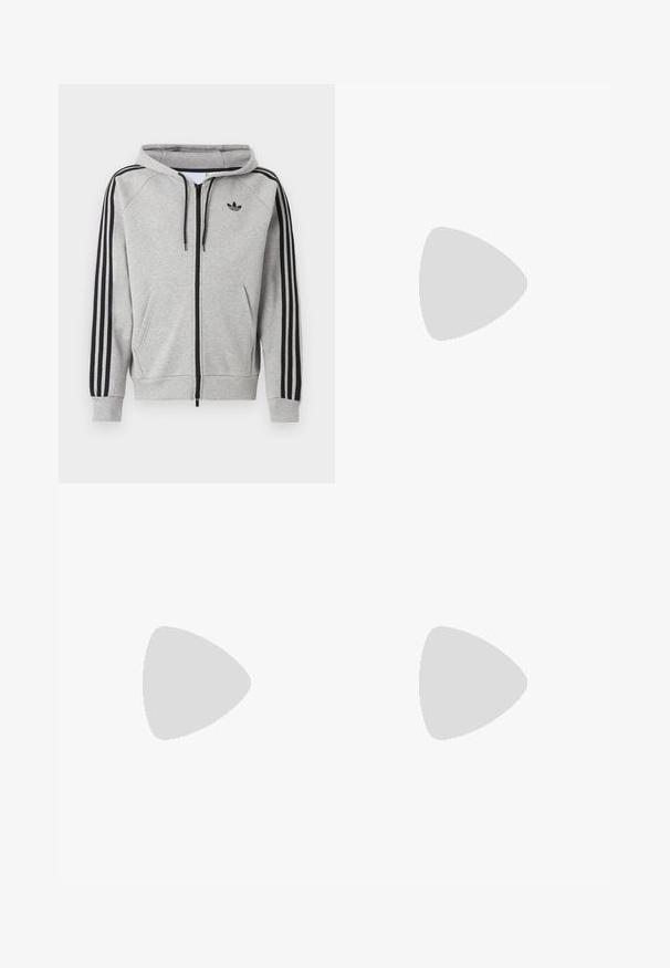 Lichtgrijze zip-up hoodie met zwarte strepen op de mouwen, voorzakken in kangaroostijl, trekkoord in de capuchon en een zwart Adidas trefoil-logo op de borst.; Grijs T-shirt met zwarte accenten, voorzien van een ronde hals en korte mouwen. Drie zwarte strepen op de schouders, klein logo op de borst.; Zwarte denim jeans met een recht gesneden ontwerp, voorzien van voorzakken, een knoopsluiting en een lichte textuur. Inclusief een subtiele logo-detail.; Zwarte sportschoenen gemaakt van mesh en synthetische materialen, met een getextureerd oppervlak, meerdere grijze strepen en een gevoerde kraag.