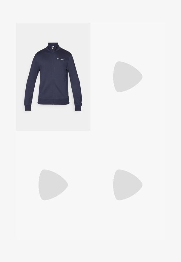 Marineblauwe sportjas met rits, hoge kraag, Champion-logo op borst en mouw, en zijzakken.; Marineblauw t-shirt met korte mouwen, gemaakt van een gladde stof. Heeft een ronde hals en raglanmouwen met een klein logo op de borst.; Zwarte sportshorts met een gladde textuur, elastische tailleband en twee zijzakken. Voorzien van een klein logo aan de onderzijde rechts.; Zwarte sportieve schoen met een ademende mesh bovenkant, een gevoerde zool en "ArchFit" branding aan de zijkant. Gestructureerde buitenzolen voor grip.