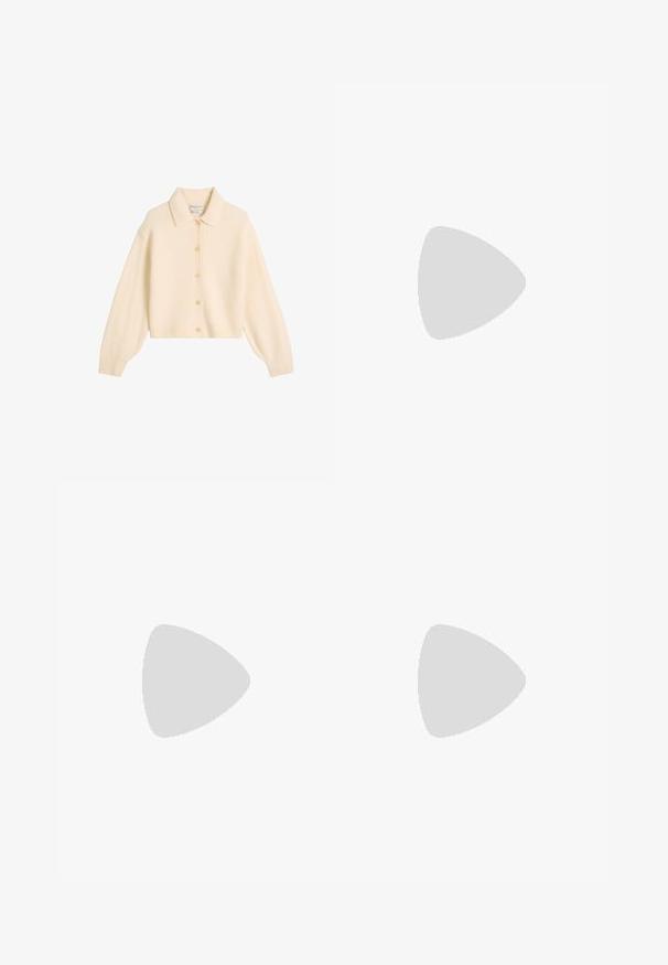 Cremefarbener, gerippter Cardigan mit Kragen und sechs Knöpfen zum Schließen. Hat lange, leicht gepuffte Ärmel und eine kurz geschnittene Passform.; Barbour BRADLEY PRINT - Langarmshirt - multi-coloured; Dunkelblaue Jeans mit einem wiederholten kreisförmigen Muster, geradem Beinschnitt, ausgefransten Säumen und traditionellem Fünf-Taschen-Design, mit einem Knopfverschluss vorne.; Hellbrauner Wildleder-Bootsschuh mit Schnürsenkeln, der über einem spiegelnden silbernen Leder-Tufted-Sofa schwebt.