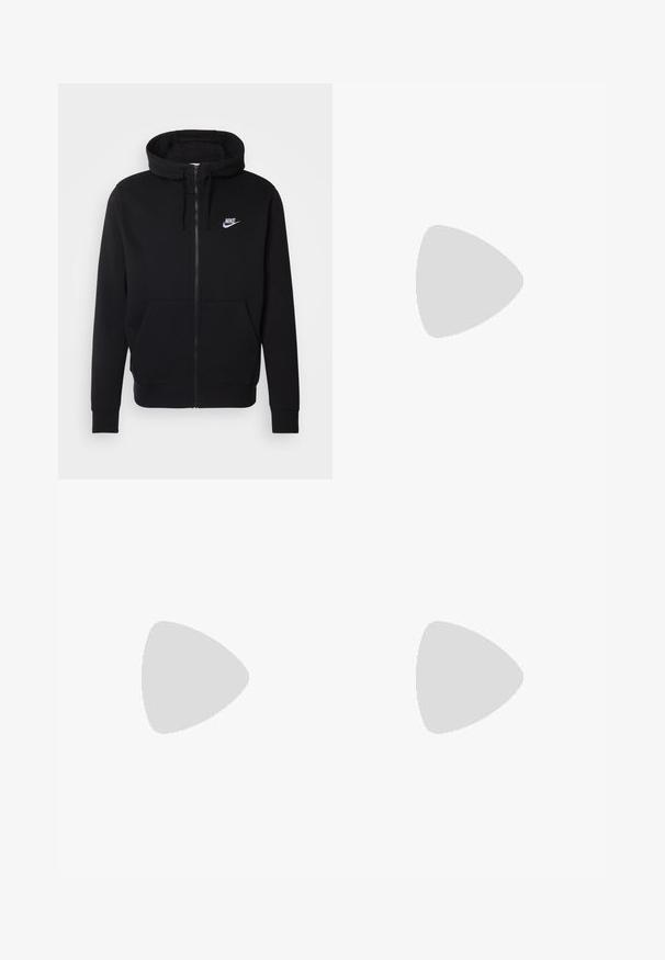 Sudadera negra con cremallera hecha de tela suave, que cuenta con un bolsillo frontal tipo pouch, capucha con cordón y el logotipo blanco de Nike en el pecho.; Camiseta de manga corta gris de algodón, con un logo negro de Nike en el pecho y un cuello redondo. Diseño minimalista sin patrones.; Pantalones cortos deportivos gris claro con cintura elástica, cordón ajustable y un gran logotipo blanco de Nike Swoosh en la parte inferior de la pierna izquierda.; Zapatilla deportiva de color gris claro con parte superior de malla transpirable, suela de goma texturizada y acentos reflectantes. Cuenta con un cuello acolchado y diseño de cordones.