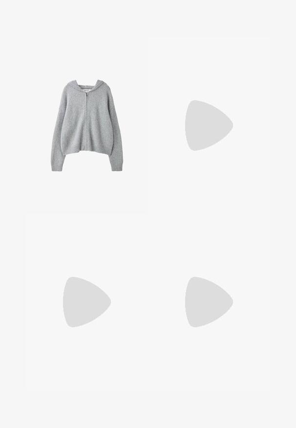 Cardigan tricoté gris clair à fermeture éclair, manches longues et capuche, présenté sur fond blanc.; T-shirt blanc à manches courtes en coton lisse, doté d'un col rond et d'une coupe ajustée. Design classique, sans motifs ni accents.; Pantalons de survêtement gris en tissu doux, avec une taille élastique et des poignets fuselés pour un ajustement décontracté. Sans poches externes.; Sneakers en suede noir avec trois bandes blanches, logo doré et semelle en caoutchouc marron. Présente un design à lacets à profil bas.