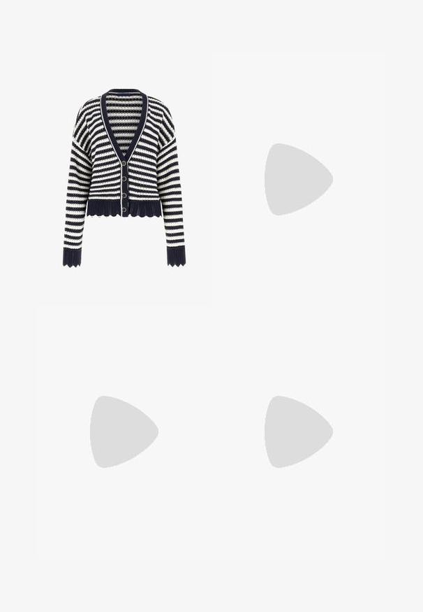 Marineblauer und weiß gestreifter Strick-Cardigan mit V-Ausschnitt, durchgehender Knopfleiste, wellenförmigem Saum und gerippten Bündchen an den langen Ärmeln.; Kragenloses T-Shirt aus Baumwolle in Marineblau mit kurzen Ärmeln. Es verfügt über einen U-Boot-Ausschnitt und einen lockeren Schnitt mit seitlichen Schlitzen für mehr Bewegungsfreiheit.; Hellblaue Denim-Shorts mit vorderer Knopfleiste, Reißverschluss, Gürtelschlaufen und vorderen Taschen, auf neutralem grauem Hintergrund gezeigt.; Schwarze Leder-Ballerinas mit spitzem Zehenbereich, ausgestattet mit einem gewebten Stoff-Ankle-Tie und einem kleinen dekorativen Akzent auf der Zehe.
