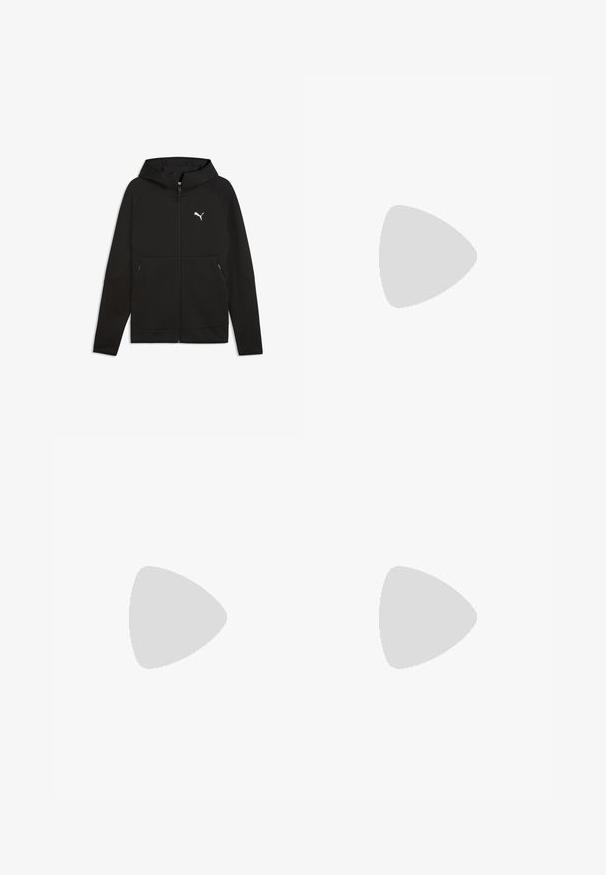 Sudadera negra con cremallera, mangas largas, bolsillos delanteros con cremalleras y un logo blanco de Puma en el pecho izquierdo.; Camiseta de algodón blanca de manga corta, con cuello redondo y un pequeño logotipo negro de Puma en el lado izquierdo del pecho. Textura suave.; Pantalones de chándal negros hechos de tela suave, con una cinturilla elástica, bolsillos laterales y un logo de Puma blanco en el lado izquierdo.; Zapatilla deportiva de ante azul claro con detalles blancos, textura perforada y suela de goma negra. Cuenta con cordones y un logo lateral.