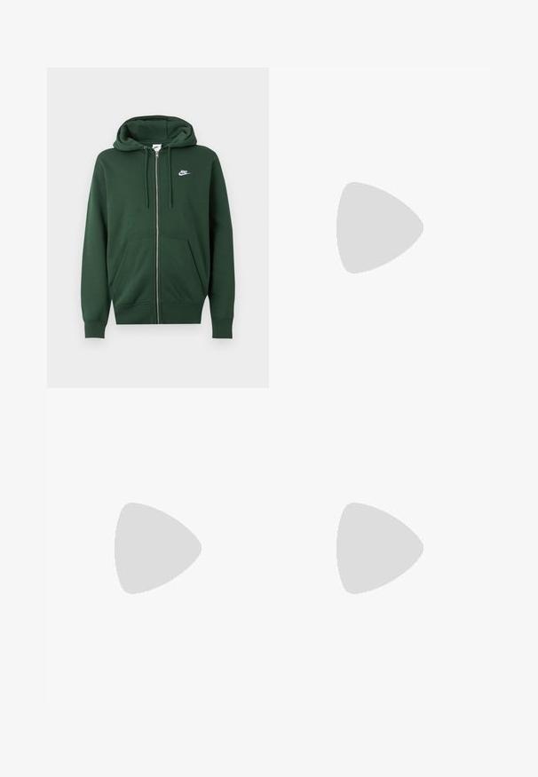 Dunkelgrüner Nike Kapuzenpullover mit Reißverschluss, Fronttaschen, Kordelzugkapuze und weißem Nike-Logo auf der linken Brust.; Graues T-Shirt mit kurzen Ärmeln aus Baumwolle, mit einem schwarzen Nike-Logo auf der Brust und einem runden Ausschnitt. Minimalistisches Design ohne Muster.; Graue Sweatpants mit glatter Textur, elastischem Bund, verstellbarem schwarzem Kordelzug, zwei seitlichen Taschen und einem kleinen schwarzen Logo.; Schwarzer Nike Air Max 270 Sneaker mit weißem Swoosh-Logo, weißer Zwischensohle und sichtbarem Luftpolster in der Ferse auf einfarbigem Hintergrund.