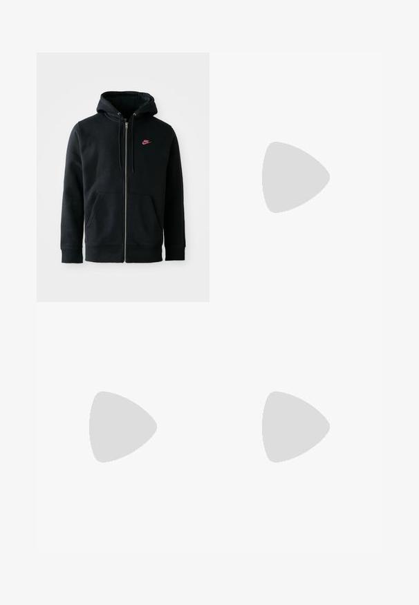 Musta vetoketjullinen huppari, joka on valmistettu pehmeästä kankaasta. Hupussa on naru, rintaan on painettu vaaleanpunainen Nike-logo, ja edessä on kaksi taskua.; Valkoinen puuvillapaita lyhyillä hihoilla, pyöreällä kauluksella ja rintataskulla, jossa on monivärinen lenkkitossulogo. Pehmeä rakenne, rento istuvuus.; Haal beige, kevyet housut, joissa on joustava vyötärö ja nauhakuulut. Täydentää pleatit ja löysä istuvuus, valmistettu pehmeästä, sileästä kankaasta.; Mustat urheilukengät, joissa on teksturoitu kangas ja kumipohjat, elastiset nauhat ja sininen yksityiskohta kannassa. Yhdistetty vaaleisiin farkkuihin.