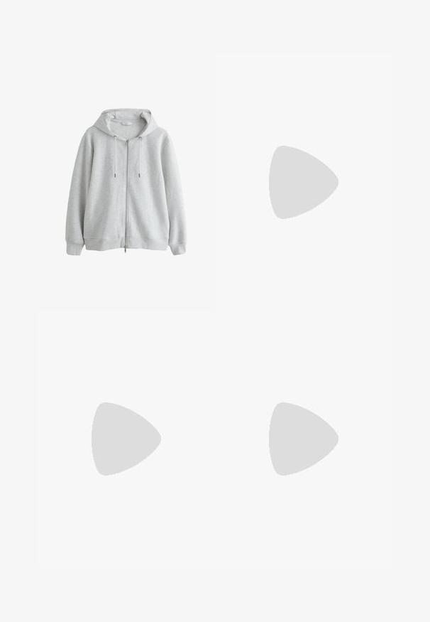 Sudadera con capucha de cremallera en gris claro con textura acanalada, con cordones y mangas largas, mostrada sobre un fondo blanco.; Camiseta blanca lisa de manga corta con cuello redondo, con un pequeño logo cerca del dobladillo y texto "ACTIVE" en el interior del cuello.; Pantalones deportivos de color azul marino oscuro con cintura elástica, cordón ajustable, bolsillos laterales y puños ajustados. Hechos de un material suave y ligero.; Zapatillas deportivas blancas con un upper texturizado, paneles de malla, suela de goma prominente y recortes decorativos en los laterales.