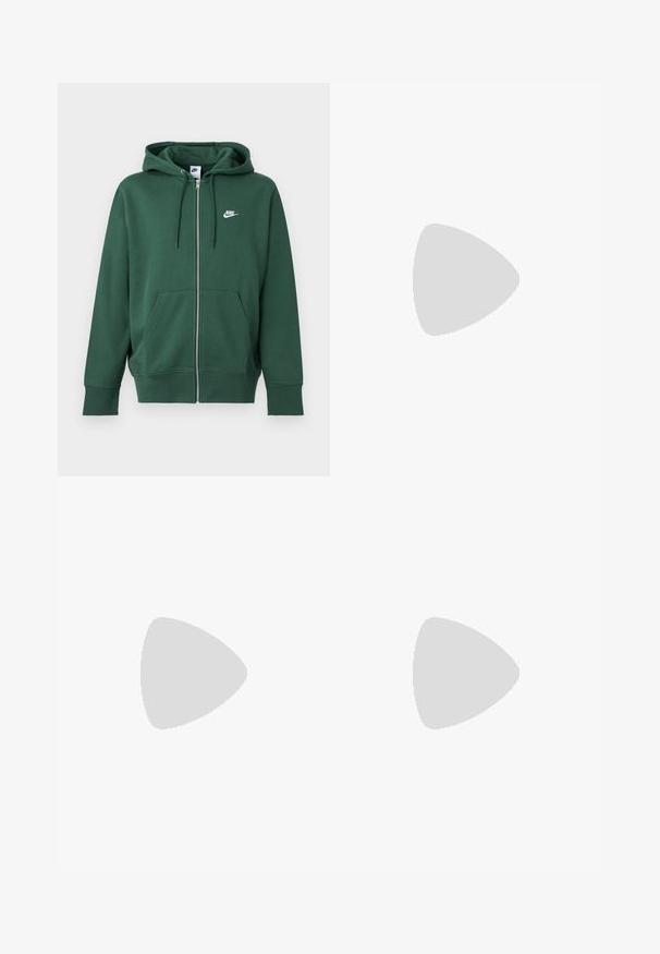Grøn Nike hættetrøje med lynlås, forlommer, snoretræk i hætten og hvidt logo på venstre bryst, vist på en ensfarvet baggrund.; Kortærmet bordeaux T-shirt med et abstrakt, neon gult, spidset cirkeldesign og en central swoosh-logo på brystet.; Sorte svedbukser med elastisk talje, løs pasform, afsluttede ankler, glat tekstur og uden synlige mønstre eller hardware-detaljer.; Sorte løbesko med en glat syntetisk overdel, perforerede detaljer, teksturerede sidedele og en distinkt fjedrende sål.