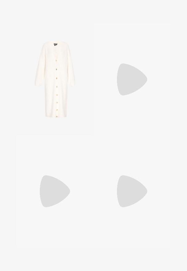 Hvid lang cardigan lavet af fuzzy materiale, med V-hals, drop skuldre, lange ærmer og seks guld-tone knapper foran.; Grøn satin skjorte med lange ærmer, knaplukning fortil, enkelt brystlomme og glat tekstur. Krave og manchetter matcher stoffet.; Hvide vidde cowboybukser med forlommer, bæltestropper og knaplukning i taljen.; Spids tå-mule med brun og hvid ko-print overdel og slank sort høj stilethæl på en lysegrå baggrund.