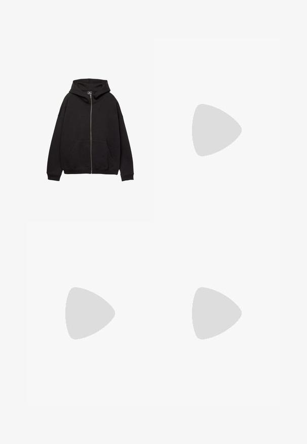Haut à zip noir fabriqué en tissu doux. Comprend une grande capuche, des poches avant et des poignets côtelés. Design simple et décontracté.; T-shirt en coton uni bleu marine foncé, manches courtes, col rond et étiquette de la marque au niveau du col.; Jean denim gris à jambes larges avec bouton frontal, fermeture éclair, passants pour ceinture et design cinq poches, étalé à plat sur un fond blanc.; Bottes ankle en cuir marron clair avec col rembourré, œillets dorés, lacets tan et semelle crantée épaisse sur fond clair.