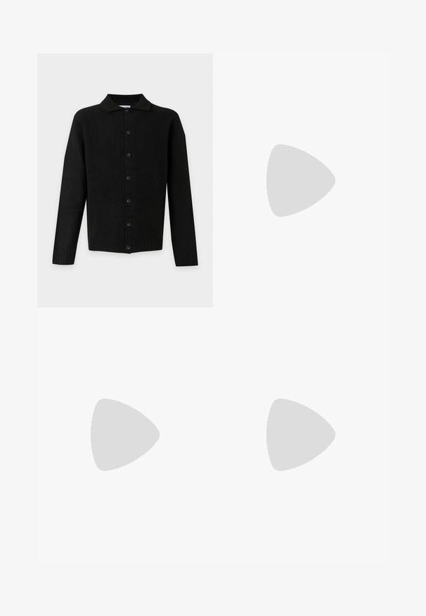 Cardigan noir à manches longues avec boutons, col, poignets et ourlet côtelés, présenté sur un fond gris clair.; T-shirt noir à manches courtes avec un design graphique abstrait blanc comprenant des formes géométriques et des motifs texturés à l'avant.; Jeans noirs à jambes droites avec cinq poches et des détails délicatement usés sur un fond clair uni.; Chaussure en cuir noir avec une finition brillante, bout rond, design à lacets, surpiqûres contrastantes, et semelle épaisse en caoutchouc avec motifs de relief.