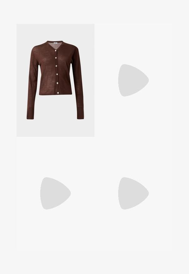 Cardigan marron à manches longues boutonné, col en V avec six boutons de couleur claire, présenté sur un fond clair uni.; T-shirt gris clair à manches courtes et col rond avec un motif chiné subtil affiché sur un fond uni.; Jean en denim bleu à jambes larges avec fermeture avant par bouton et fermeture éclair, passants de ceinture et style cinq poches sur fond uni.; Ballerines en cuir noir avec un bout rond, texture lisse, détails de couture minimalistes et design de semelle flexible.