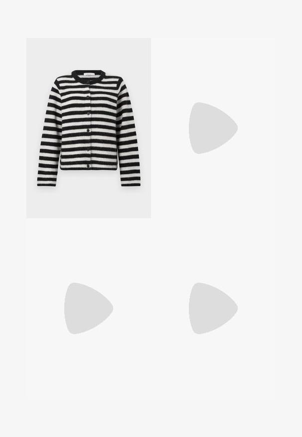 Sort og hvidt vandret stribet knap-op cardigan med lange ærmer og rund halsudskæring, lagt fladt på en hvid baggrund.; Hvid t-shirt med korte ærmer og retro blokbogstaver, der står "BILLABONG MAMIWATA SURF AFRICA" i orange, grøn og pink.; Sorte vidde cordbukser med forlommer og knaplukning i taljen, vist på en ensfarvet lys baggrund.; Ben iført mørke ribbede leggings kombineret med sorte balletsko med små sløjfedetaljer på hvid baggrund.