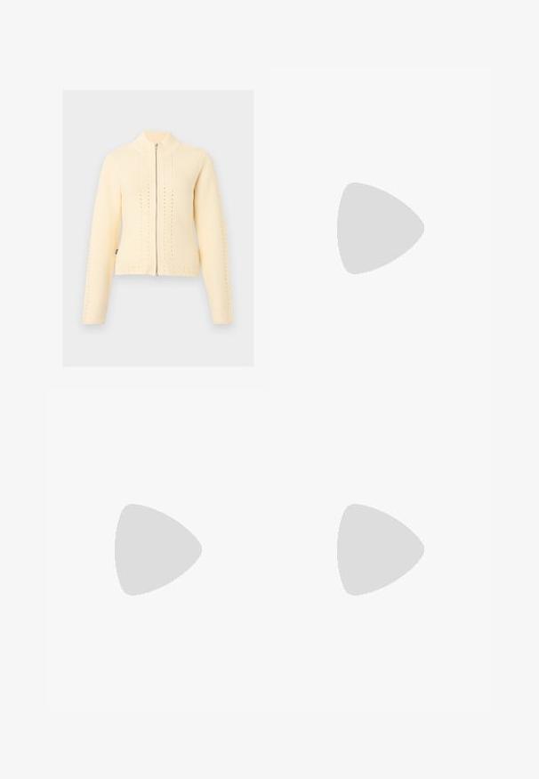 Cardigan zippé tricoté couleur crème avec manches longues, col montant côtelé et motifs perforés verticaux subtils.; Chemise ajustée à manches longues de couleur crème avec un col rond, présentée sur un fond gris clair uni.; Jean large taille haute bleu clair avec fermeture à bouton, poches avant, passants de ceinture et détails légèrement décolorés.; Ballerines en cuir verni noir avec un bout rond, un design à lacets et une semelle plate. Texture lisse avec peu de détails.