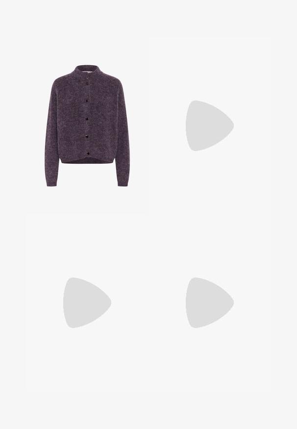 Gestuz ALPHA SHORT - Gilet - juniper mélange; Haut bustier gris foncé sans bretelles avec fines bretelles spaghetti et détails subtils de coutures sur fond blanc.; Pantalon large en velours côtelé marron foncé, taille haute, poches plaquées à l'avant, fermeture par bouton et poignets réglables à pressions aux chevilles.; Ballerines en cuir noir avec un bout rond, texture lisse, détails de couture minimalistes et design de semelle flexible.
