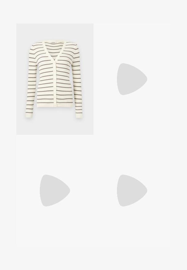 Cardigan crème côtelé à manches longues, rayures horizontales marron, col en V, et boutons sur le devant.; T-shirt en coton blanc avec un col rond, des manches courtes et un ourlet droit. Étiquette marquée "Won Hundred" au centre de l'encolure.; Pantalons larges bourgogne en tissu lisse, dotés d'une fermeture éclair, d'un ajustement sur mesure et de lignes épurées pour un aspect structuré.; Ballerines en cuir verni bordeaux de type Mary Jane avec un bout pointu, un talon plat et une sangle décorative avec une boucle circulaire.