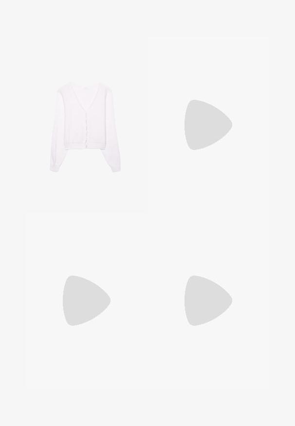 Pull court blanc avec col en V, manches longues et fermeture à boutons ; texture douce avec un subtil motif de tricot.; Débardeur blanc uni avec encolure arrondie et coutures visibles le long des bords.; Mini-jupe plissée blanche avec une taille à cordon et un tissu doux et structuré, posée à plat sur un fond blanc.; Ballerine rose avec texture florale, accents en cuir blanc et trois rayures blanches. Dotée d'une semelle souple et d'un ruban pour le laçage.