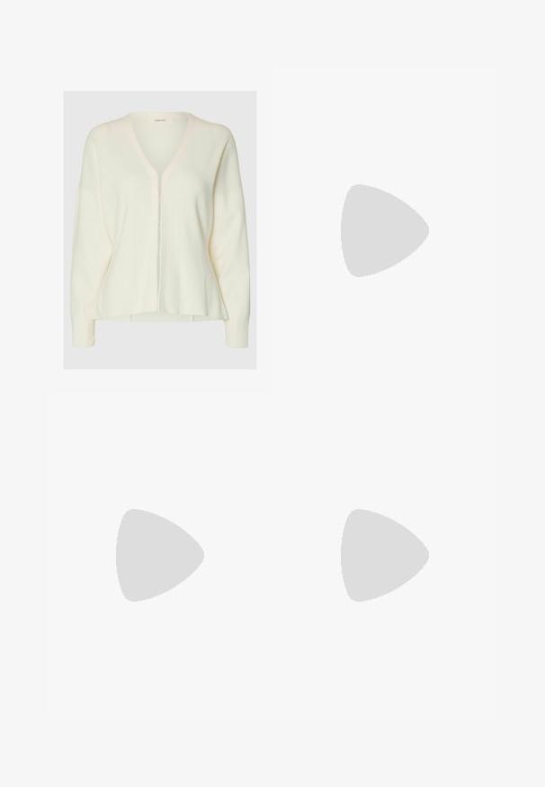 Cardigan tricoté à manches longues de couleur crème, avec un col en V et de petits boutons sur le devant, présentant une coupe légèrement ample et une texture subtile.; Haut sans manches blanc en tissu doux et lisse. Il présente un col rond et un design simple sans embellissements ni motifs.; Pantalons larges en beige à côtes avec une taille haute et une texture douce, présentant une coupe loose et sans fermetures visibles.; Chaussure slip-on en tricot beige avec profil bas, tige texturée et semelle flexible. Présente un design tissé autour de la cheville pour plus de confort.