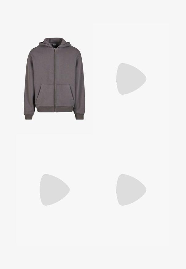 Grå zip-up hættejakke med en kængurulomme, ribbede manchetter og kant. Lavet af blødt stof med en glat tekstur. Har en hætte med snor.; Hvid kortærmet crewneck T-shirt lagt fladt ud, ensfarvet design, med "WEEKDAY" mærkat inde i kraven på en lys baggrund.; Mørkeblå jeans med lige ben, foran med knap og lynlås, med forreste og bageste lommer samt synlige sømdetaljer.; Sorte læder derby-sko med en glat overflade, rund tå, snøre-design og en tyk, robust gummisål.