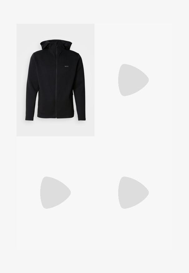 Sweat à capuche noir zippé en tissu lisse, doté d'une capuche, de poches latérales zippées et d'un petit logo embossé sur la poitrine.; T-shirt en coton blanc à manches courtes, col rond, avec un logo « BOSS » en relief sur la poitrine. Texture lisse, coupe standard.; Shorts cargo noirs en tissu léger, dotés d'une taille élastique, d'un cordon de serrage et de poches cargo latérales pour un rangement supplémentaire.; Chaussure de sport noire avec une tige en maille, semelle en caoutchouc et un design à lacets. Présente une finition texturée et un logo discret sur le côté.