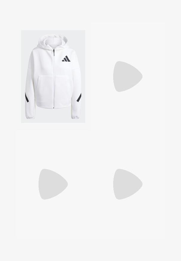 Sudadera blanca con cremallera y detalles en negro, grandes bolsillos frontales, tejido suave y texturizado, y un corte relajado. Presenta una capucha y el logotipo de la marca en el pecho.; Camiseta atlética blanca de tejido suave. Presenta mangas cortas y un gran logotipo negro de Adidas con tres rayas debajo.; Leggings negros hechos de una tela elástica, con una cinturilla ancha y tres franjas blancas horizontales cerca de las pantorrillas.; Zapatilla de correr color crema con rayas topo flotando sobre una superficie de baldosas rojo pardusco y un fondo de piedra gris.