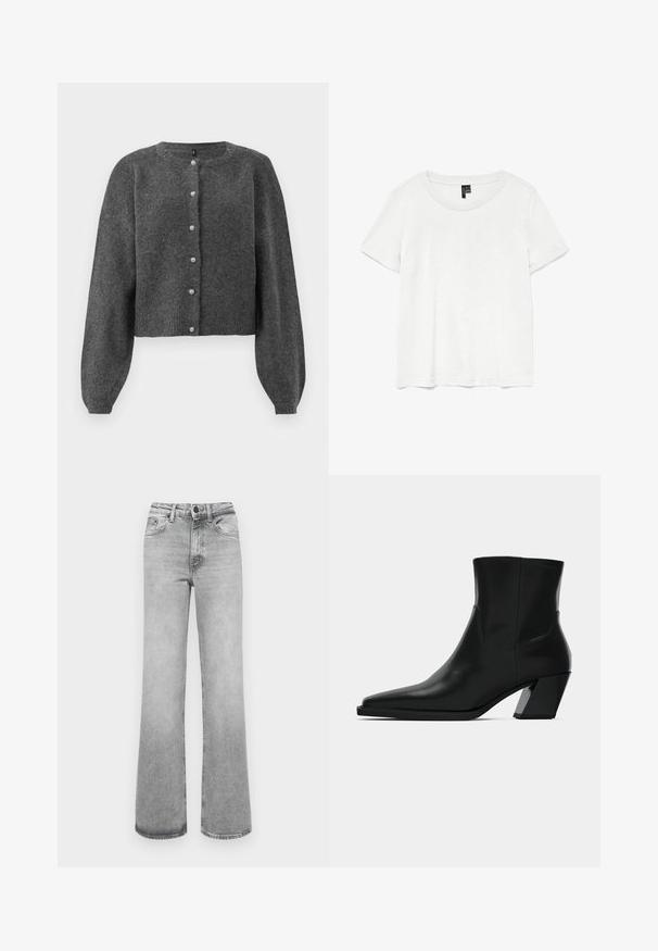 Mørkegrå, cropped cardigan lavet af blødt strikmateriale. Har en rund halsudskæring og knaplukning med perle-lignende knapper. Lange, puffede ærmer.; Hvid kortærmet t-shirt med rund halsudskæring, lavet af letvægtsstof. Enkel design, glat tekstur og lige kant.; Lyst grå faded lige ben jeans med forlommer, bæltestropper, og en knap- og lynlåslukning.; Sortlæder ankelstøvle med spids tå, en slank silhuet og en kraftig firkantet hæl. Glat tekstur med minimale stikninger.