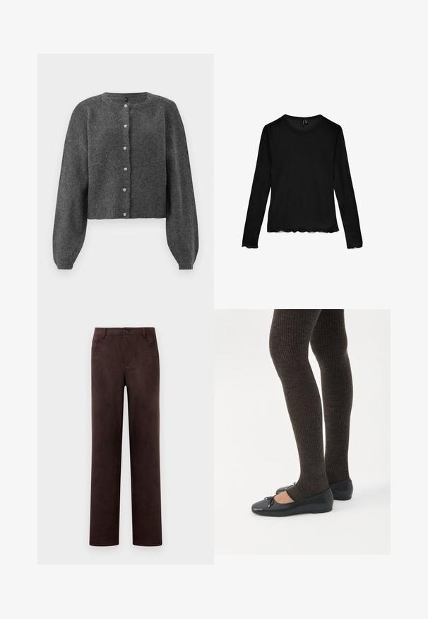Donkergrijze, cropped cardigan gemaakt van zachte breiwerk. Voorzien van een ronde halslijn en een knopenfront met parelachtige knopen. Lange, gebloemde mouwen.; Zwart shirt met lange mouwen en ronde hals, met geschulpte randen aan de mouwen en zoom, plat gelegd op een witte achtergrond.; Rechtdoorgaande donkerbruine suede broeken met voorknop- en ritssluiting, riemlussen en zijzakken.; Benen met donkere geribbelde leggings gecombineerd met zwarte ballerina's met kleine strikdetails op een witte achtergrond.