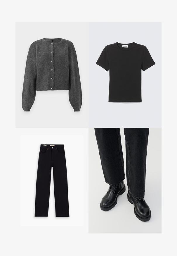 Donkergrijze, cropped cardigan gemaakt van zachte breiwerk. Voorzien van een ronde halslijn en een knopenfront met parelachtige knopen. Lange, gebloemde mouwen.; Zwarte T-shirt met korte mouwen en ronde hals plat gelegd met een klein wit label binnen de kraag tegen een lichte achtergrond.; Zwarte denim jeans met een recht model, vijf zakken, koperen hardware en een gladde textuur. Twee labels zichtbaar op de tailleband.; Zwarte leren enkellaarsjes met ronde neuzen, veters en een robuuste, dikke zool. Gecombineerd met donkere jeans met een ruwe zoomdetail.
