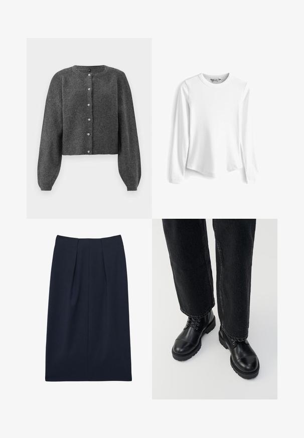 Dunkelgraue, kurz geschnittene Strickjacke aus weichem Material. Mit Rundhalsausschnitt und knopflosem Frontverschluss mit perlenähnlichen Knöpfen. Lange, gepuffte Ärmel.; Weißes Langarm-T-Shirt mit Rippstrick, Rundhalsausschnitt, abgerundetem Saum und seitlichen Schlitzen, aus einem weichen, strukturierten Stoff hergestellt.; Marineblauer knielanger Bleistiftrock mit vorderen Falten und einem taillierten Bund.; Schwarze Lederknöchelstiefel mit runden Zehen, Schnürsenkeln und einer robusten, dicken Sohle. Kombiniert mit dunklen Jeans, die ein rohes Saumdetail aufweisen.