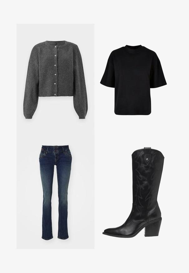 Gilet cropped gris foncé en matière tricot douce. Comprend un col rond et une fermeture à boutons avec des boutons ressemblant à des perles. Manches longues et bouffantes.; T-shirt en coton noir avec un col haut, des manches courtes et une coupe large et boxy, sans motifs ni accents visibles.; Jean bleu foncé à coupe slim, avec une taille à double bouton, cinq poches et une texture légèrement décolorée au niveau des cuisses.; Bottine de cowboy en cuir noir avec un bout pointu, un talon haut et des coutures décoratives en motif d'éclairs le long de la tige.