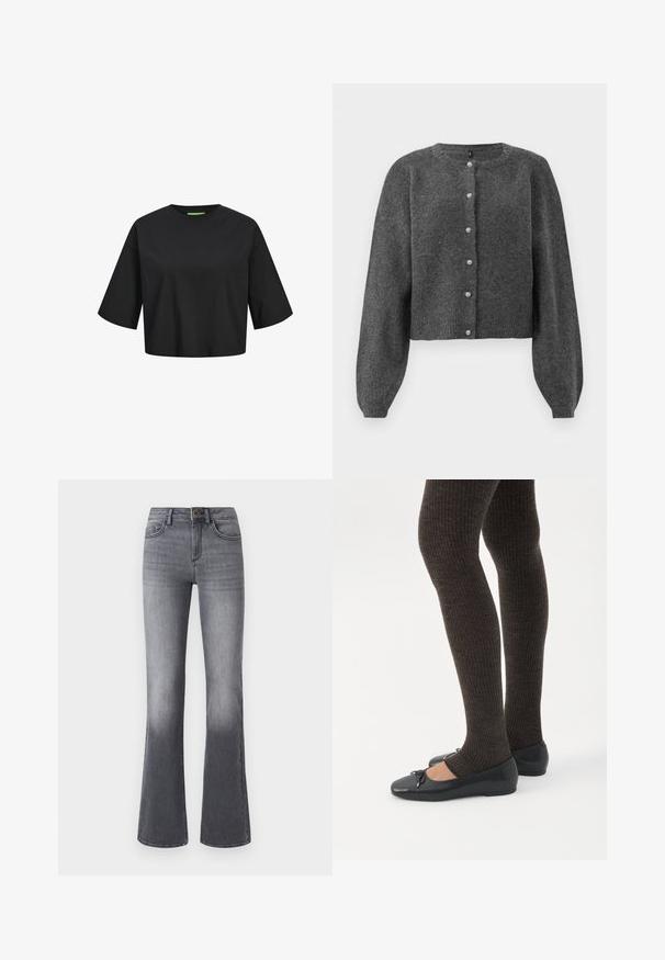Dunkelgraue, kurz geschnittene Strickjacke aus weichem Material. Mit Rundhalsausschnitt und knopflosem Frontverschluss mit perlenähnlichen Knöpfen. Lange, gepuffte Ärmel.; Schwarzes Baumwoll-Crop-Top mit rundem Ausschnitt, kurzen Ärmeln und einem grünen Etikett-Detail am Ausschnitt. Glatte, weiche Textur.; Hochtaillierte, ausgestellte Jeans aus dunkelgrauem Denim mit Fronttaschen, Knopfverschluss und dezentem Ausbleichen zum Saum hin.; Beine in dunklen, gerippten Leggings kombiniert mit schwarzen Ballerinas mit kleinen Schleifendetails auf weißem Hintergrund.