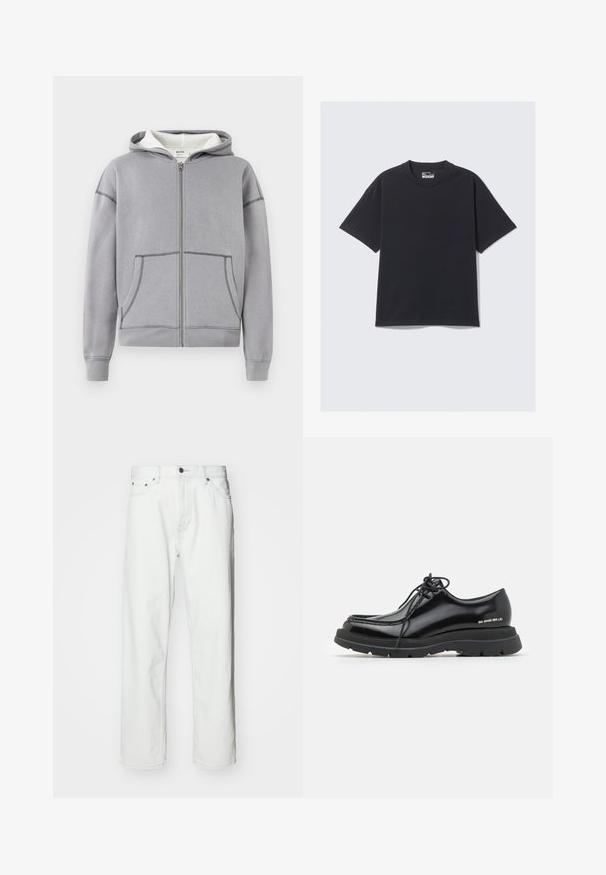 Grå hættetrøje med lynlås, forlommer, ribbede mansjetter og kant, struktureret hvidt for, og kontrasterende syninger.; Sort bomulds T-shirt med klassisk rund hals, korte ærmer og en afslappet pasform. Glat tekstur med minimal syning.; Hvide denimbukser med lige pasform, fem-lomme design, knaplukning og subtile syninger. Glat tekstur og minimalistisk stil.; Sorte læder dressko med rund tå, tyk gummisål, snørebåndsdesign og markant syning langs kanten.