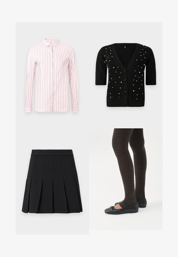 Sort cardigan med korte ærmer, V-udskæring og frontknapper, pyntet med perler og rhinsten for ekstra detaljer. Blød tekstur.; Lys pink skjorte med lodrette maroon striber, lange ærmer, knap-åbning foran og klassisk krave. Glat stof og tætsiddende design.; Sort plisseret nederdel lavet af et glat materiale. Har en bred linning og flere knivfolder, der går lodret.; Ben iført mørke ribbede leggings kombineret med sorte balletsko med små sløjfedetaljer på hvid baggrund.