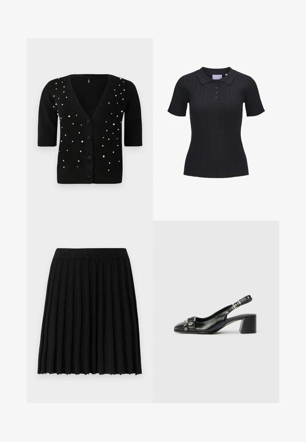 Sort cardigan med korte ærmer, V-udskæring og frontknapper, pyntet med perler og rhinsten for ekstra detaljer. Blød tekstur.; Sort kortærmet ribstrikket polo i strik med fire knapper og traditionelt krave.; Vero Moda Knitted VMMARINA Short - Mini skirts - black; Sorte læder slingback hæl med spids tå, tekstureret rem med cirkulære metalliske accenter, og en stablet blokhæl.