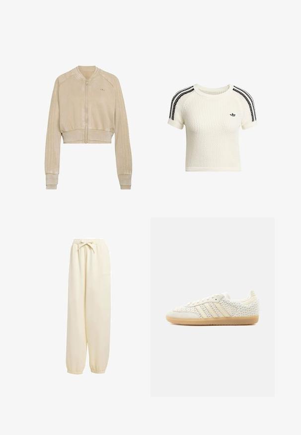 Beige Samt-Bomberjacke mit Frontreißverschluss, gerippten Bündchen und Saum, dezentem Adidas-Logo auf der linken Brust sowie dreistreifigen, strukturierten Ärmeln.; Cremefarbenes gestricktes Crop-Top mit strukturierter Stoff, kurzen Ärmeln und schwarzen Streifenakzenten an den Schultern. Verfügt über ein kleines schwarzes Logo.; Beige, locker sitzende Sweatpants aus weichem Material. Sie verfügen über einen elastischen Bund mit Kordelzug und elastische Bündchen an den Knöcheln.; Weißer Sneaker mit niedrigem Schaft aus strukturiertem gewebtem Stoff, beigen Lederstreifen und Sohle aus Gummireifen, von der Außenseite auf einfachem Hintergrund gezeigt.
