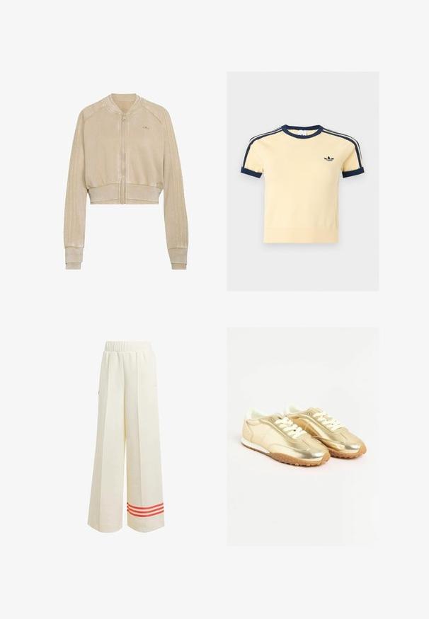 Beige fluwelen bomberjack met ritssluiting aan de voorkant, geribde boorden en zoom, subtiel Adidas-logo op de linkerborst en driestrepen reliëf mouwen.; Korte mouwen crèmekleurig shirt met marineblauwe ronde hals, afwerking aan de mouwen, schouderstrepen en klein marineblauw Adidas trefoil-logo op de linkerborst.; Crème brede broek met een gestructureerde afwerking, voorzien van een relaxte pasvorm, elastische tailleband en rode streepaccents aan de onderrand.; Gouden metallic sneakers met een gladde textuur, witte veters en een rubberen zool met een gestippeld patroon. Accenten in lichtbeige.