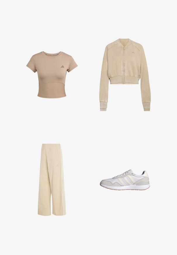 Beige velour bomberjakke med frontlynlås, ribstrikkede manchetter og kant, subtil Adidas-logo på venstre bryst og tre-stribede teksturerede ærmer.; Beige sports cropped t-shirt med korte ærmer, ribbet nederste del og subtilt logo på brystet. Glat tekstur, tætsiddende design.; Beige bukser med vide ben, elastisk taljebånd, sidelommer og hvide tredobbelte striber ned langs ydersiden af benene.; Lys grå atletiske sko med en tekstureret overdel, glatte accenter, tre hvide striber, en blød gummisål og en polstret hæl.