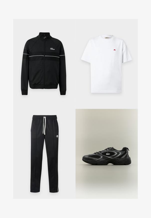 Chaqueta negra con cremallera en una tela suave, con franjas horizontales blancas y un logo en el pecho. Diseño deportivo clásico con cuello alto.; Camiseta blanca de manga corta con cuello redondo, pequeño logo rojo en el pecho izquierdo y etiqueta de la marca dentro del cuello.; Pantalones deportivos negros con cordón blanco, rayas laterales, bolsillos frontales y un pequeño logo blanco de Champion en el muslo izquierdo.; Zapatilla deportiva negra y gris con paneles de malla, diseño de cordones, suela gruesa y un pequeño logo de cocodrilo en el costado.