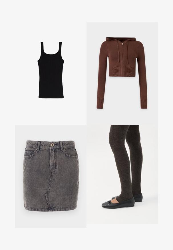 Brun strikket cropped hættetrøje med lange ærmer, ribbet manchetter og lynlås foran på en ensfarvet baggrund.; Sort ærmeløs ribbet tanktop med brede stropper og rund halsudskæring på en hvid baggrund.; Grå denimnederdel med lodret ribbet tekstur, der har en frontknaplukning, to sidelommer og en lige kant.; Ben iført mørke ribbede leggings kombineret med sorte balletsko med små sløjfedetaljer på hvid baggrund.