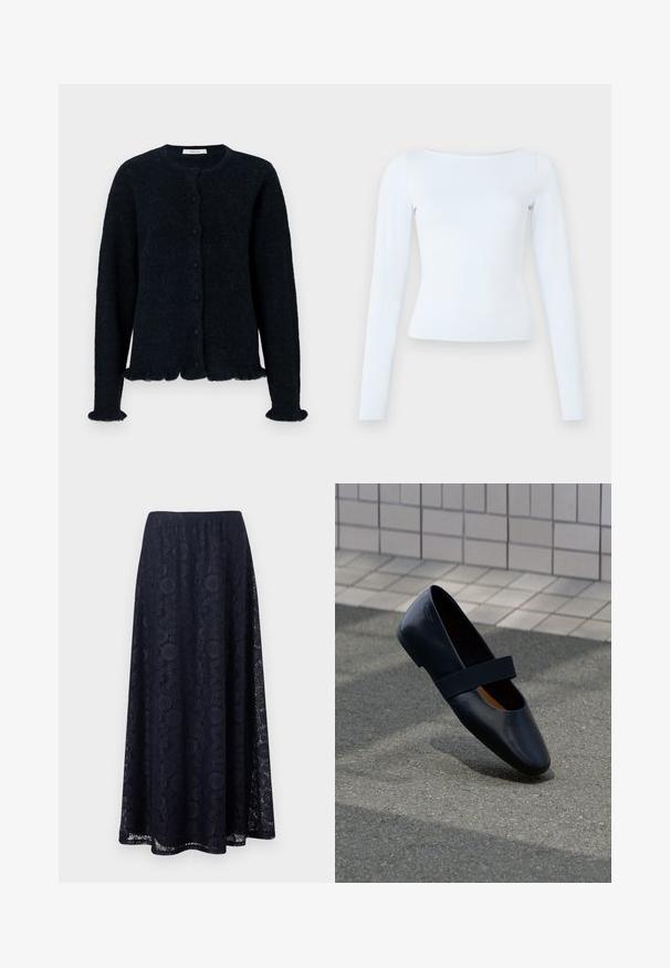 Schwarze, flauschige Knopf-Cardigan mit langen Ärmeln, rundem Halsausschnitt und Rüschensaum an den Bündchen und am Saum.; Langärmliges, hellblaues, figurbetontes Oberteil mit einem Bootsausschnitt und einem schlichten, klaren Design auf einem einfarbigen Hintergrund.; Marineblauer A-Linien-Rock mit floraler Spitzenüberlagerung und mittellangem Saum, mit einem komplexen kreisförmigen und geometrischen Muster.; Schwarze Leder-Ballerina mit runder Zehenpartie, ausgestattet mit einem weichen schwarzen Elastikband über dem Vorderfuß. Glatte Textur und minimalistisches Design.