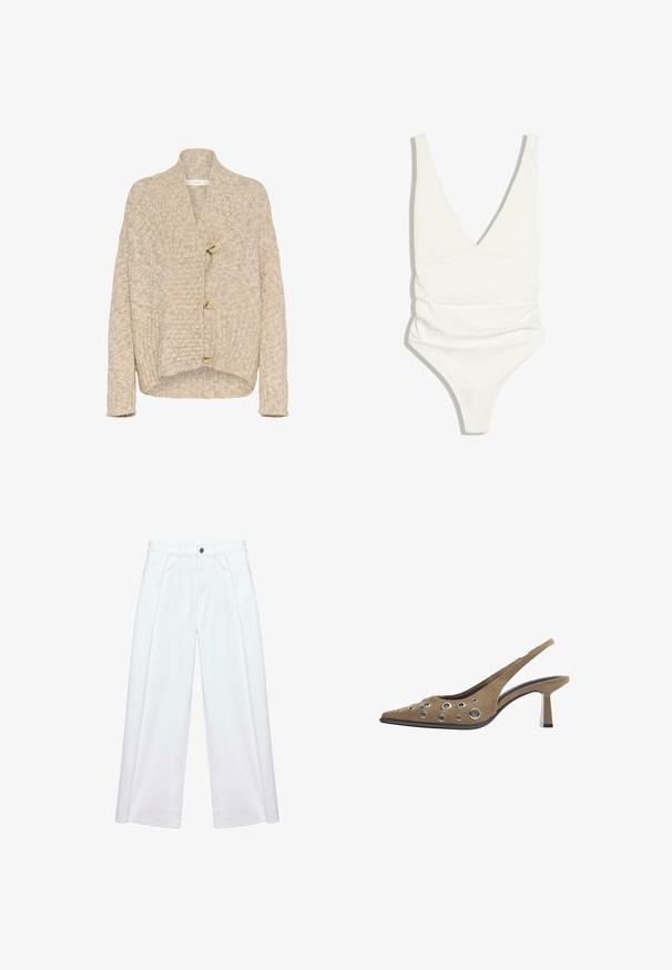 Gilet en tricot épais beige avec col châle à côtes, trois grands boutons sur le devant, manches longues et un ourlet arrière légèrement plus long.; Maillot de bain une pièce blanc avec un décolleté en V profond et des détails froncés sur le torse, présenté sur un fond blanc.; Pantalon blanc à jambes larges avec plis devant, passants de ceinture, poches latérales et fermeture par bouton et zip.; Escarpin slingback en daim marron avec bout pointu, talon fin de hauteur moyenne et décorations circulaires en œillets argentés sur le dessus.
