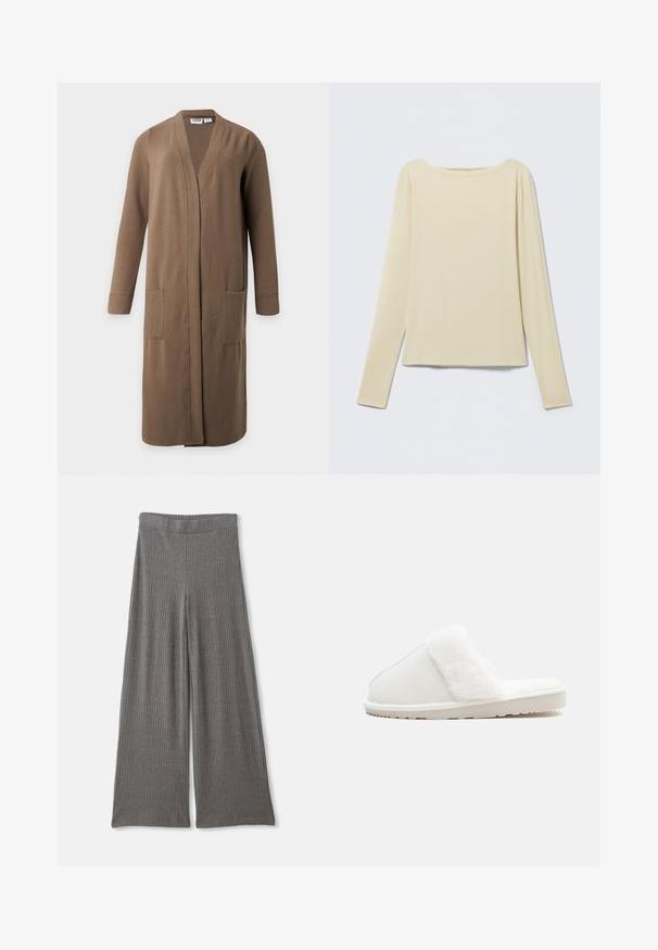 Lang brun cardigan med åben front, lange ærmer og to forlommer, vist på en ensfarvet lys baggrund.; Beige langærmet tætsiddende top med bådudskæring, vist fladt på en lys baggrund.; Grå, ribbede bukser med bred benfacon og høj, elastisk talje. Stoffet virker blødt og tekstureret, hvilket giver en afslappet pasform hele vejen ned.; Hvid tøffel med en blød imitation pels-strop, filt overdel, polstret sål og en struktureret gummibund for godt greb. Enkel, afrundet design.